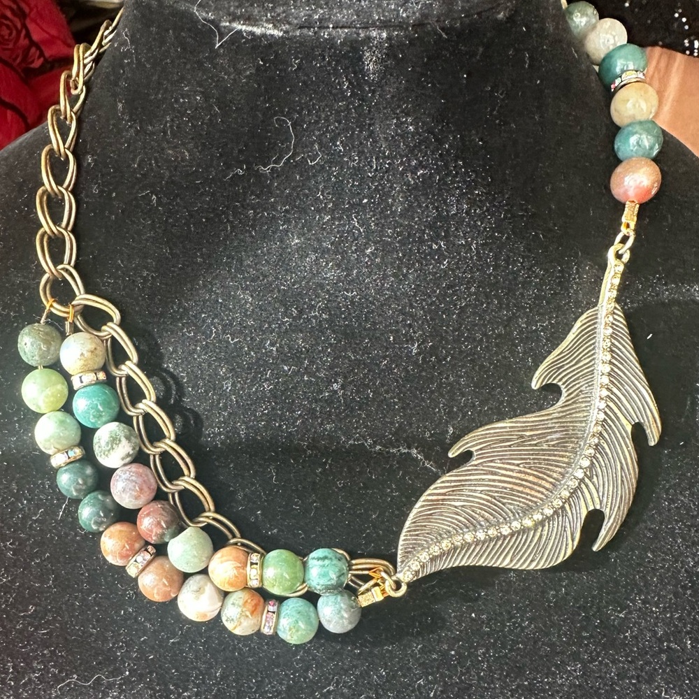 Rhondolite, bronze feather necklace with chain